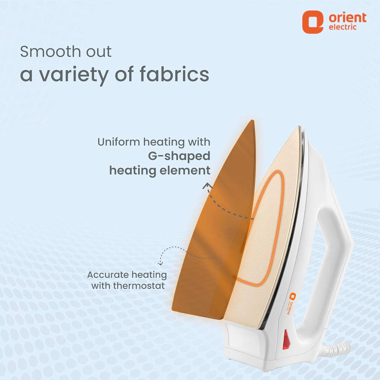 Orient Electric iron with text on a light blue background