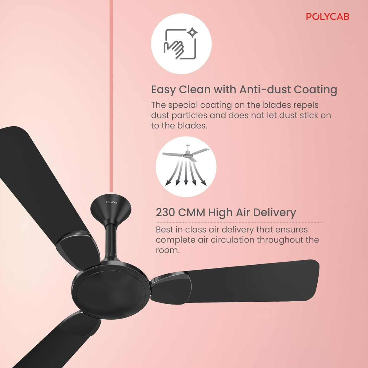 Ceiling fan with anti-dust coating and high air delivery features on a pink background