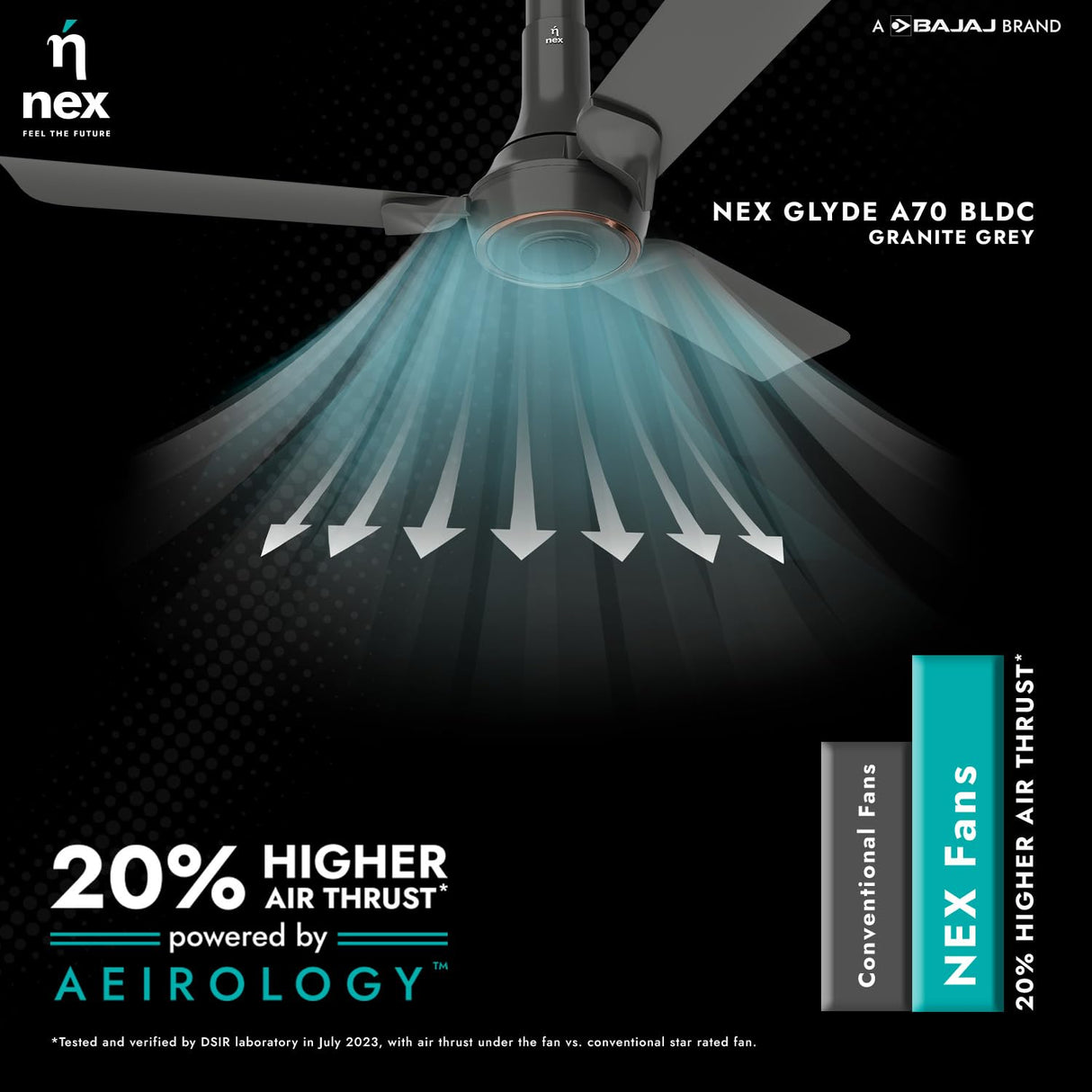Nex Glyde A70 BLDG ceiling fan with air thrust illustration on a dark background