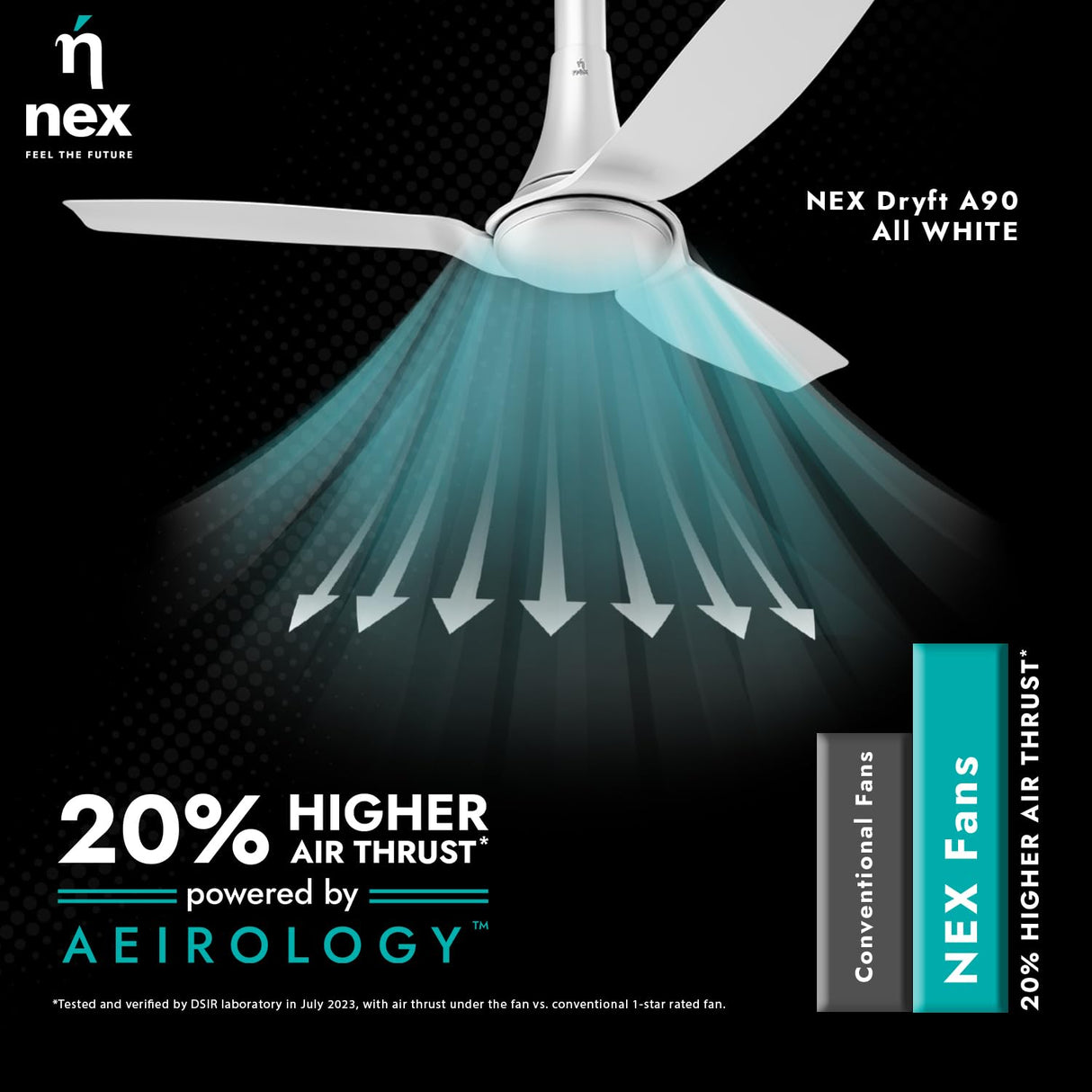NEX Dryft A90 ceiling fan with air thrust illustration on a black background