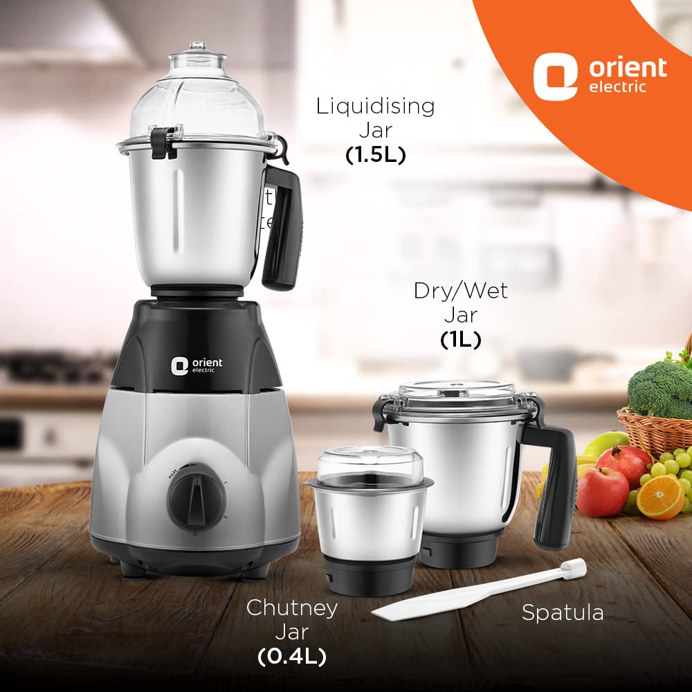 Orient Electric Mixer Grinder 1200W jas Liquidising Jar 1.5L, Dry /wet Jar -1L, Chuntney Jar 0.4K and Spatula