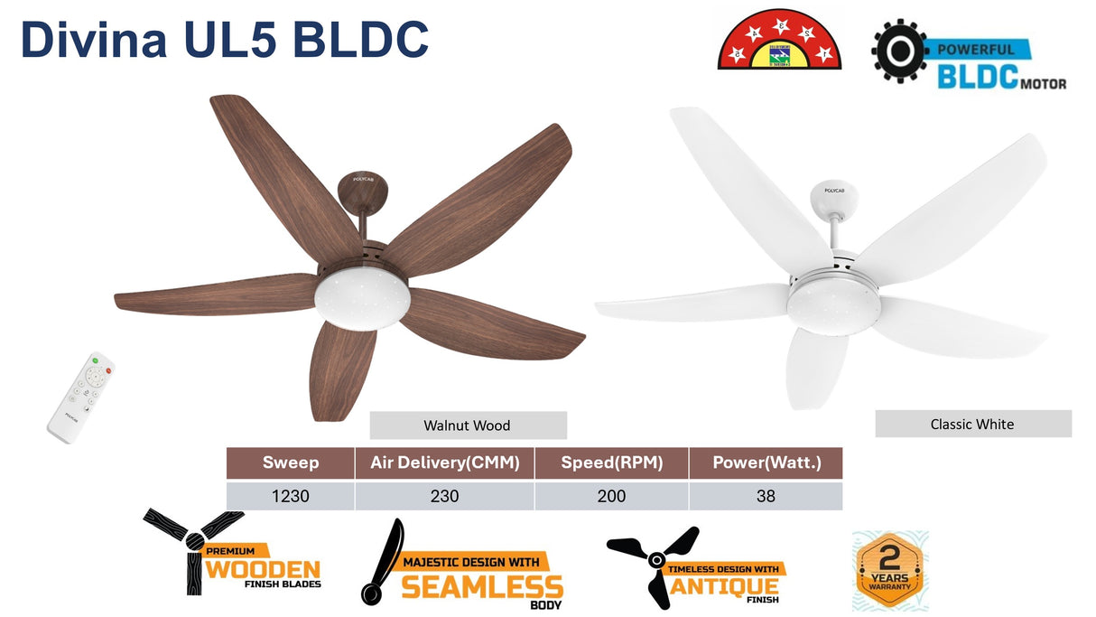 Polycab Divina UL5 BLDC 1230mm Premium Ceiling Fan (Walnut Wood)