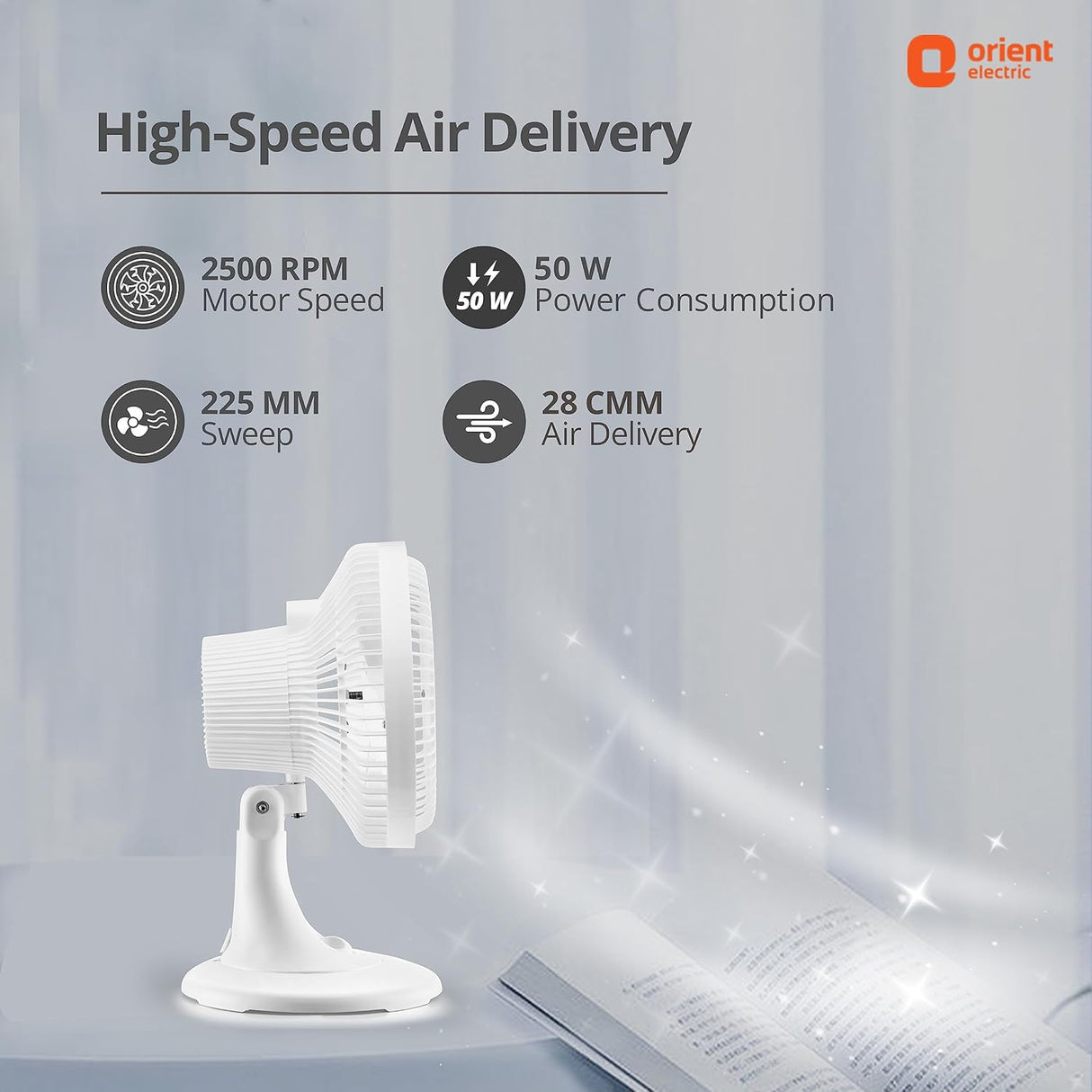 White fan with specifications on a light gray background, featuring the Orient Electric brand.