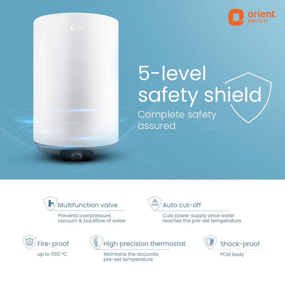 White water heater with '5-level safety shield' features on a blue background, featuring Orient Electric branding.