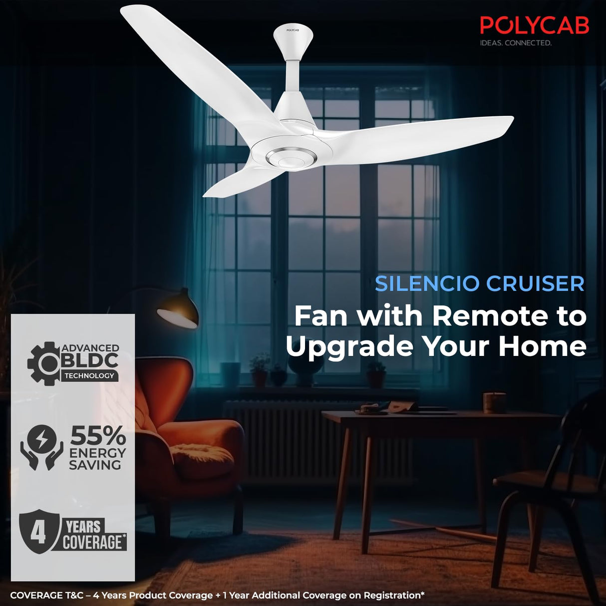 Polycab Silencio Cruiser 1200mm 5-Star Noiseless Premium BLDC Ceiling Fan (White Chrome)