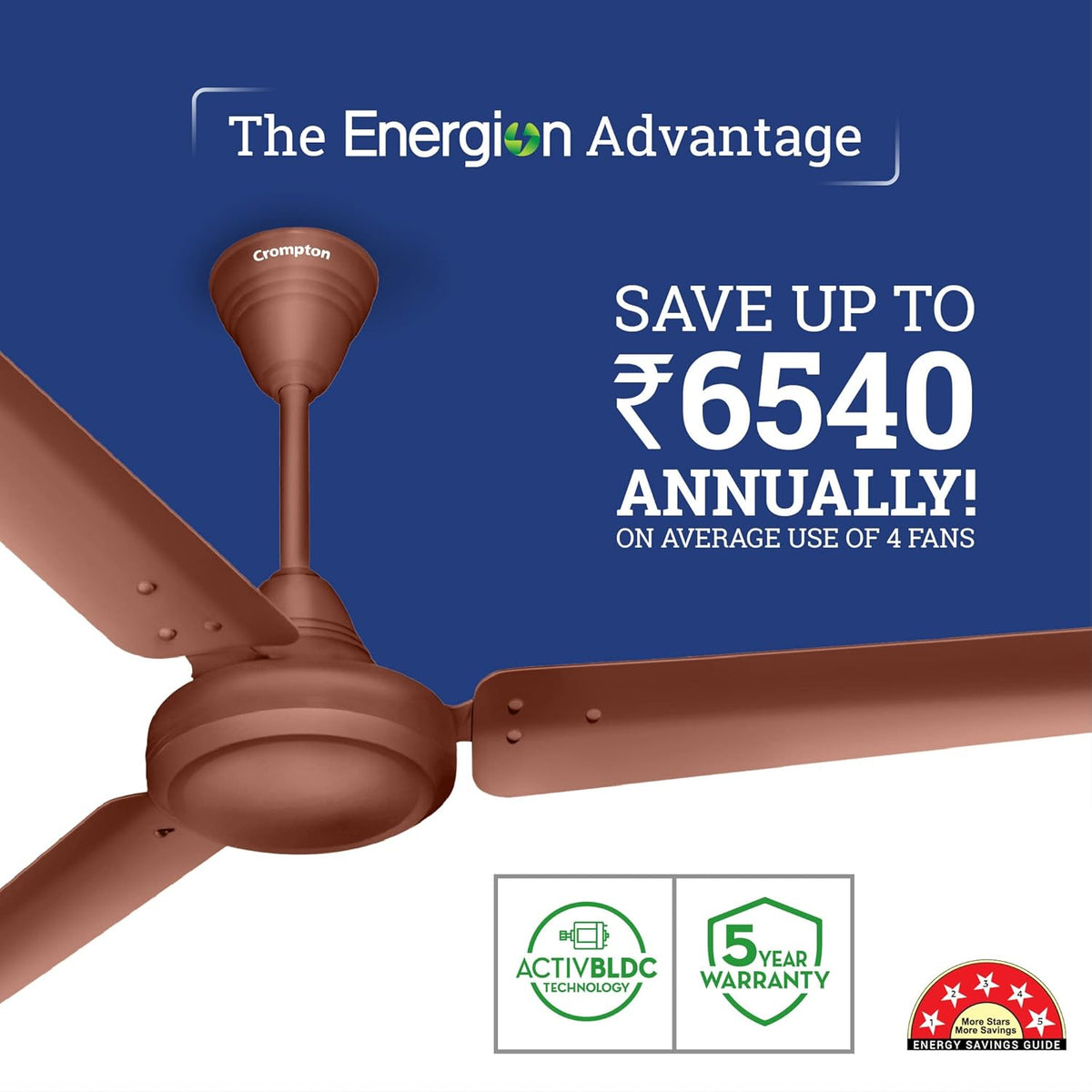 Crompton Energion Riviera 1200mm BLDC Ceiling Fan (Brown)