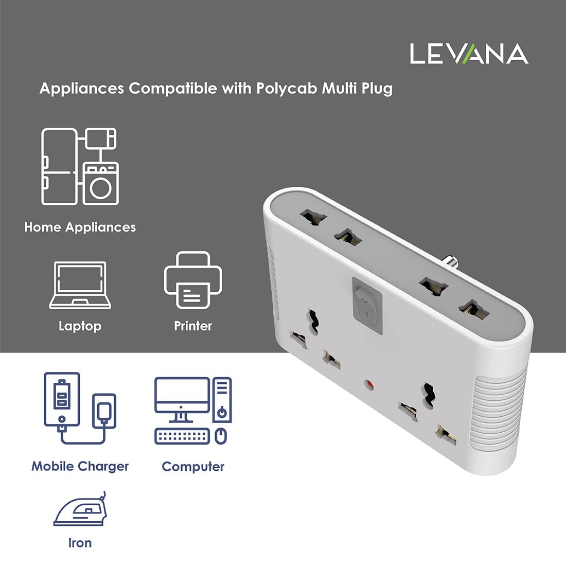 Polycab 4 Way Universal Multi-Plug with Surge Protection & Indicator | White and Grey