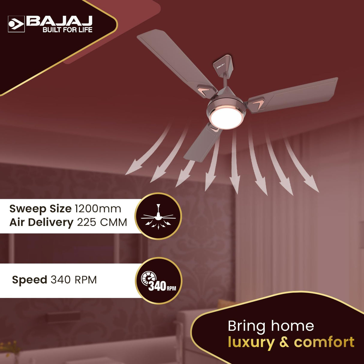 Bajaj Ventus EE 1200 Mm 1 Star Rated Energy Efficient Ceiling Fan (Chocolate Brown)