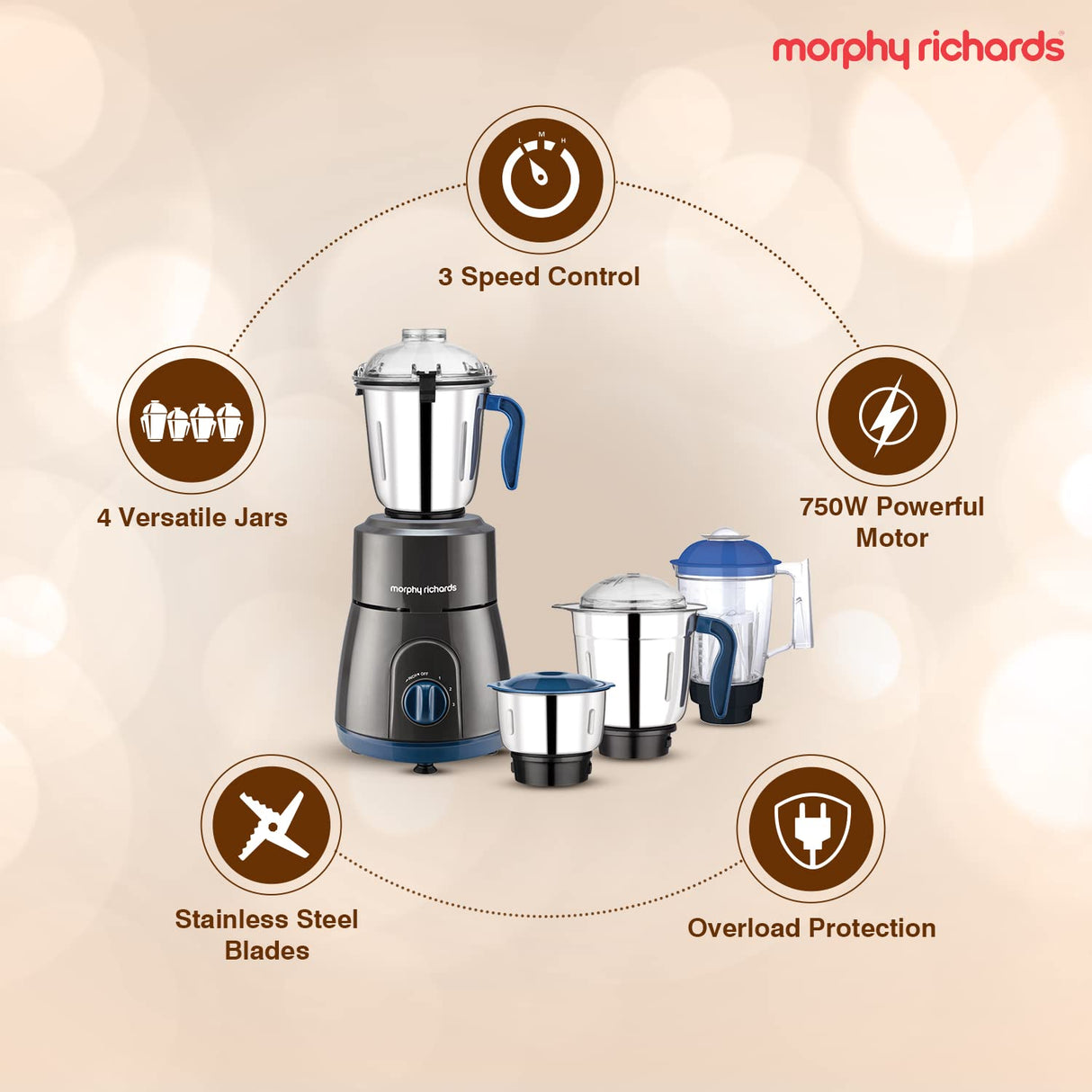 Morphy Richards 750W Relish 4 Jars Mixer Grinder (Black and Blue)