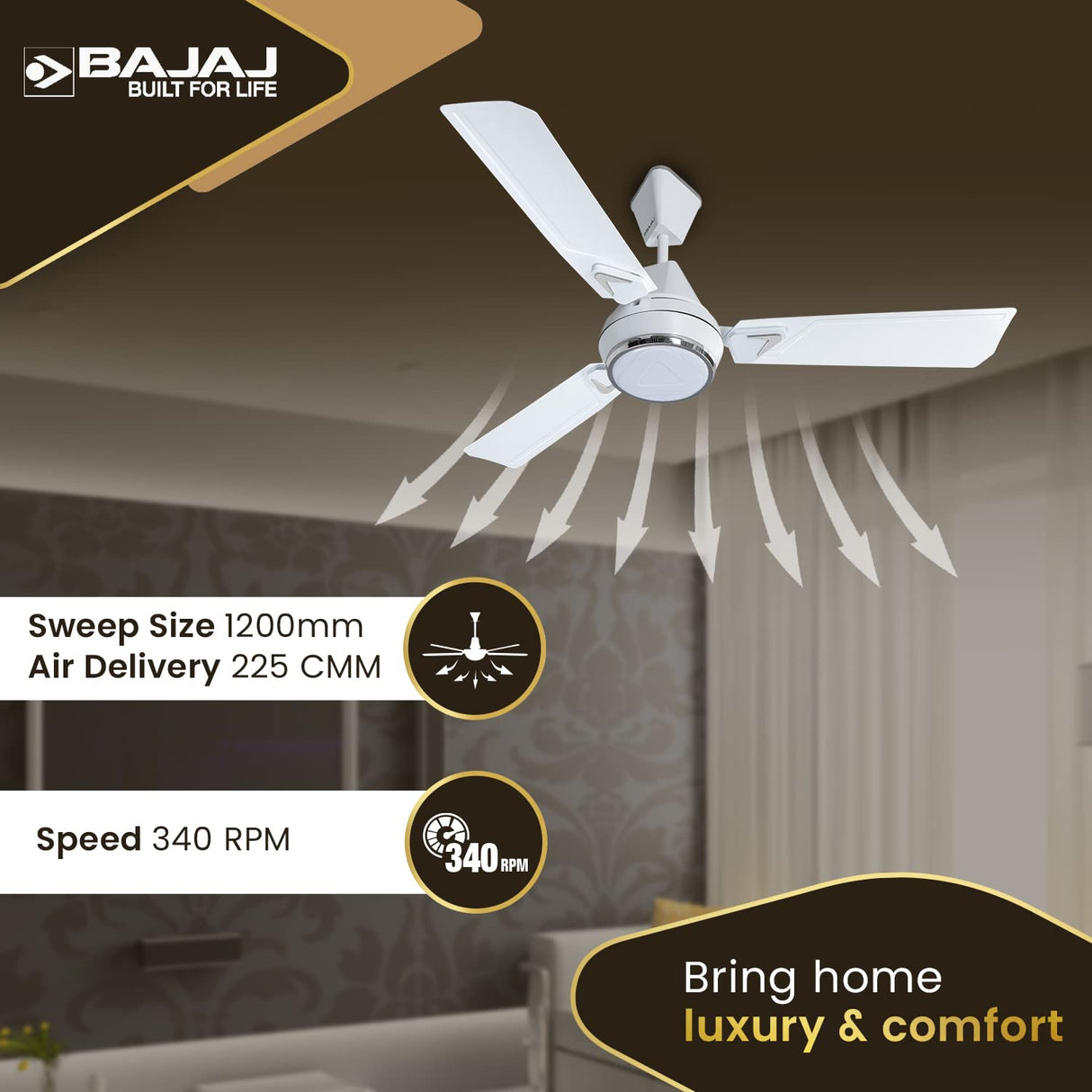 Bajaj Ventus EE 1200 Mm 1 Star Rated Energy Efficient Ceiling Fan (Vanilla White)