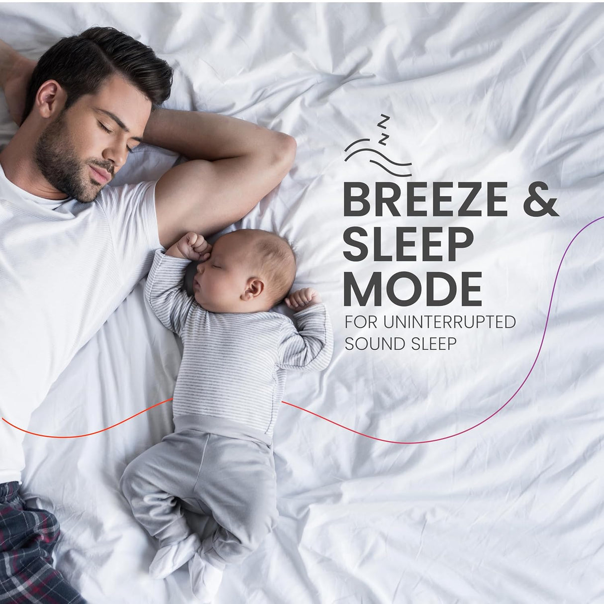 Man and baby lying on a bed with text about 'Breeze & Sleep Mode'.