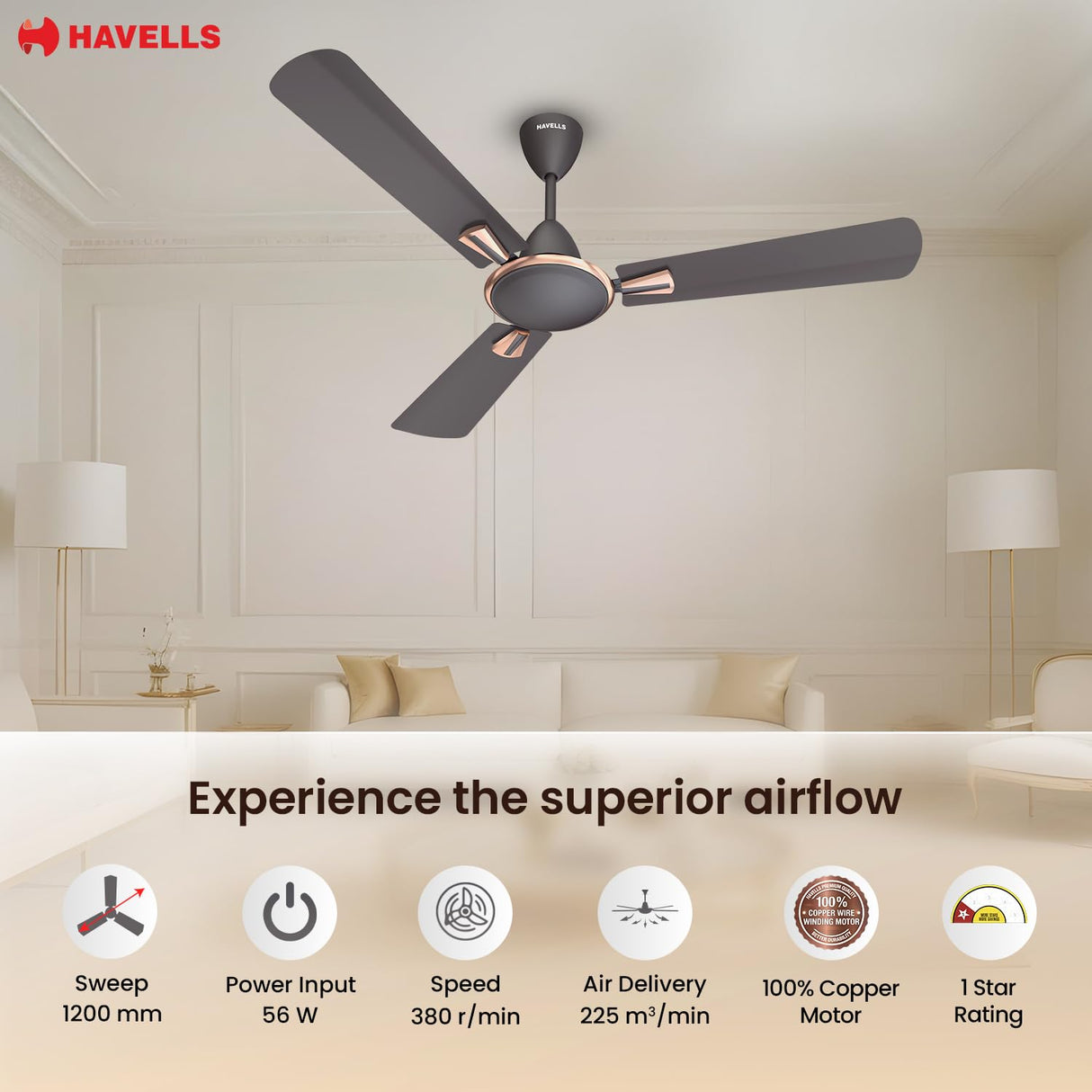HAVELLS Quickair 1200mm Ceiling Fan (Smoke Brown)
