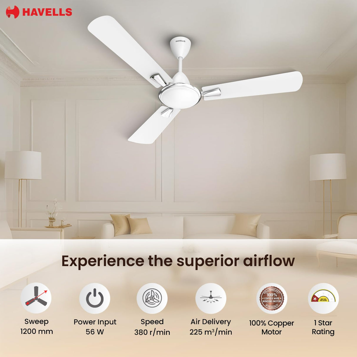 Havells Quickair 1400mm Ceiling Fan (White)