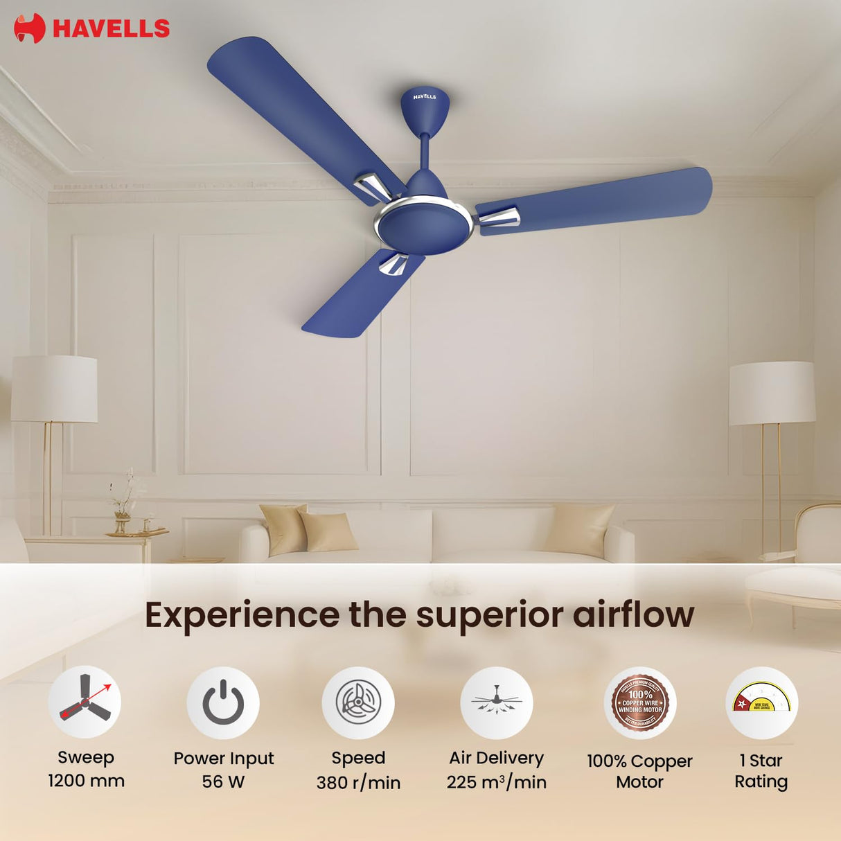 Havells Quickair 1400mm Ceiling Fan (Matt Blue)