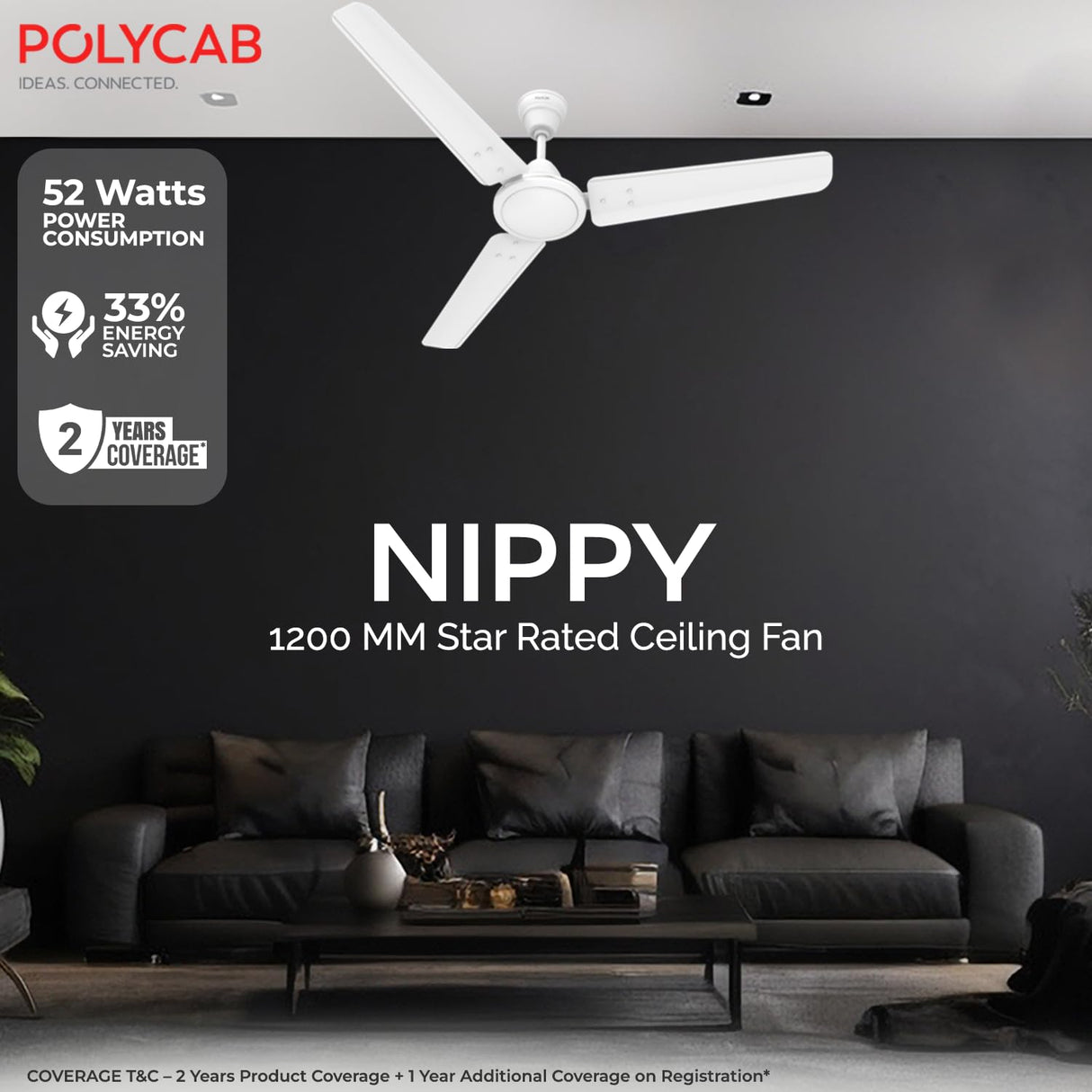 Polycab Nippy 1-Star 1200mm High Speed Ceiling Fan (Matt White)