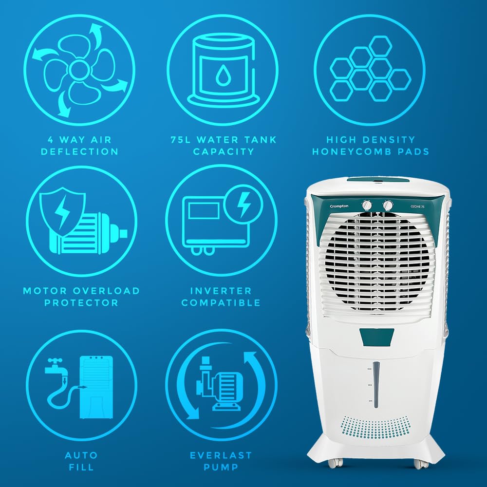 Crompton Ozone 88 Litre Desert Air Cooler (White & Teal)