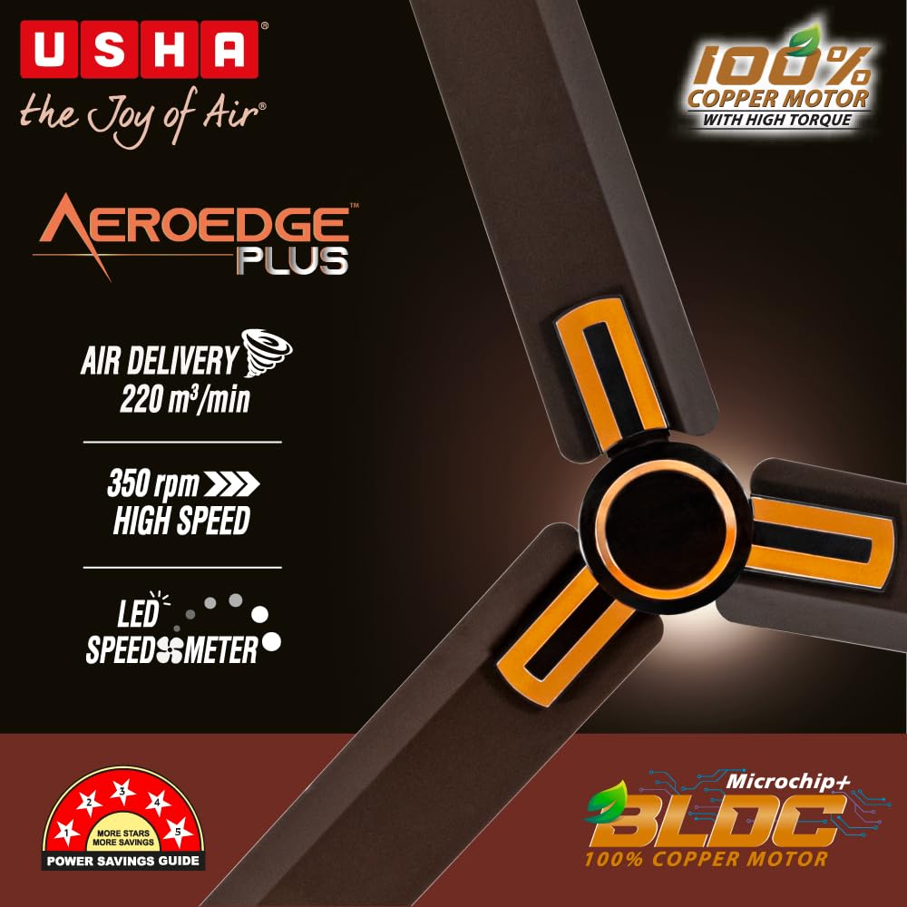 USHA AeroEdge Plus 1200mm BLDC Ceiling Fan with IR Remote (Smoke Brown)