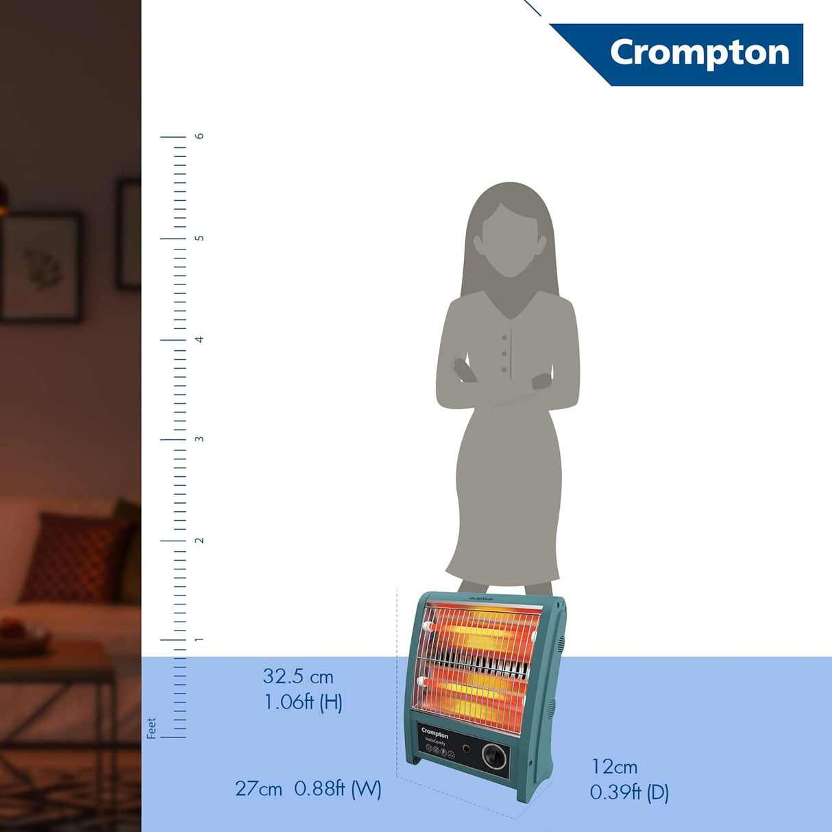 Crompton Insta Comfy 800 Watt Quartz Room Heater (Grey Blue)