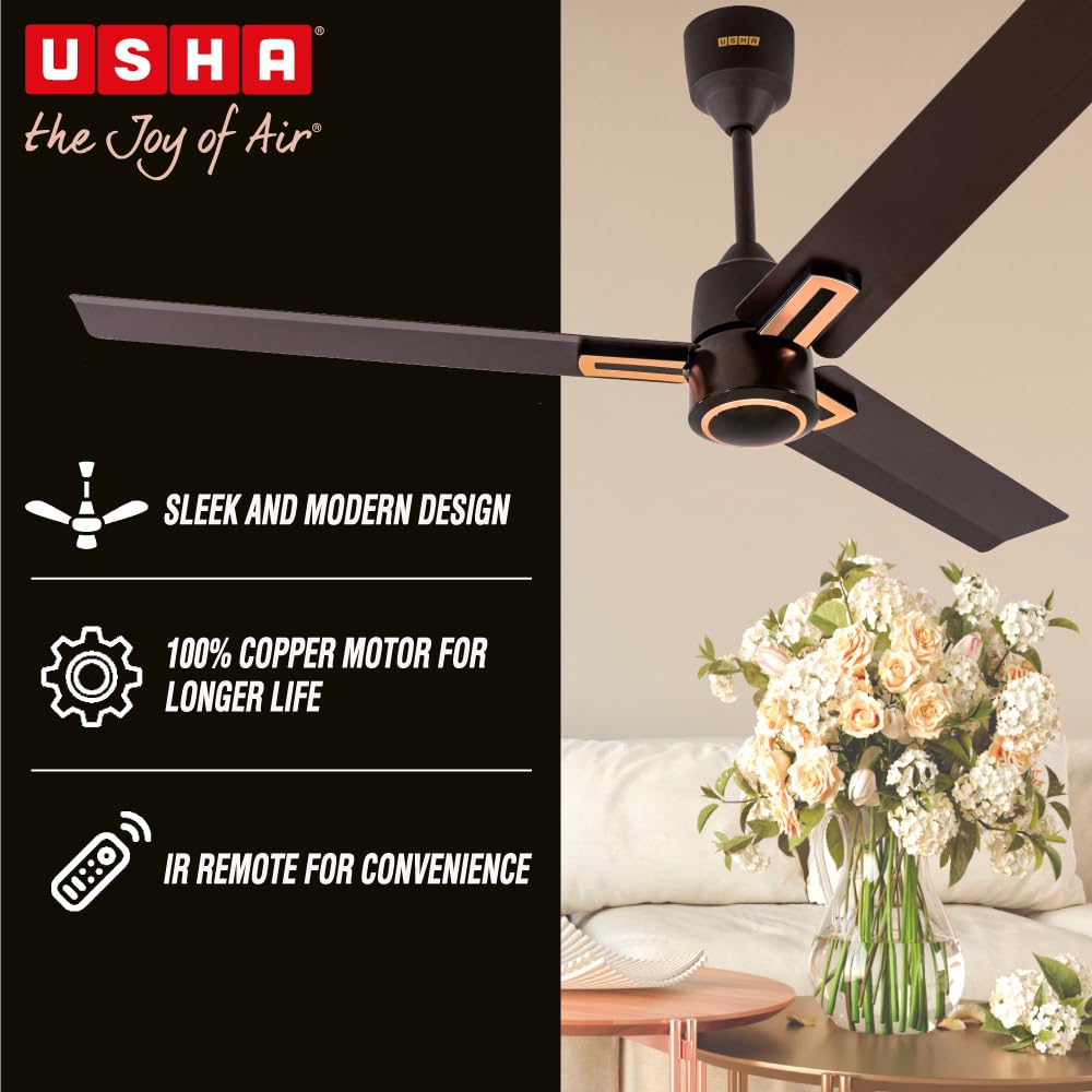 USHA AeroEdge Plus 1200mm BLDC Ceiling Fan with IR Remote (Smoke Brown)