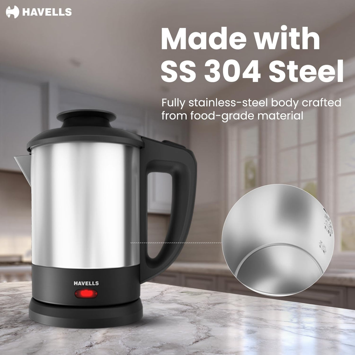 Havells Steelio Electric Kettle 1L 1250 W (Black & Silver)