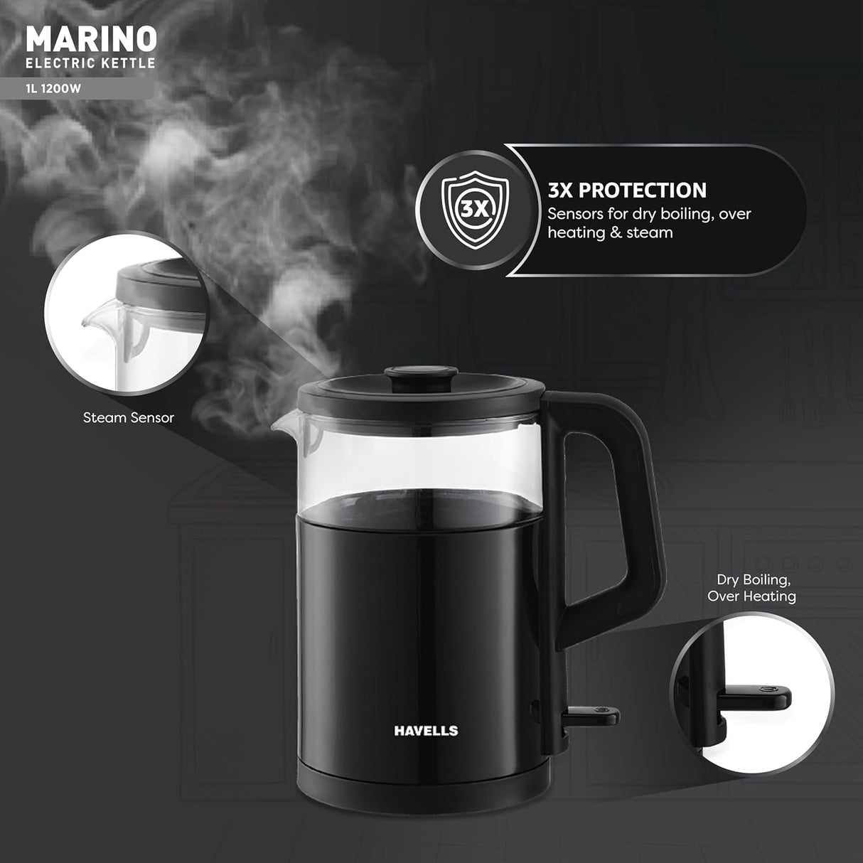 Havells Marino Electric Kettle 1 L 1200 W (Black)