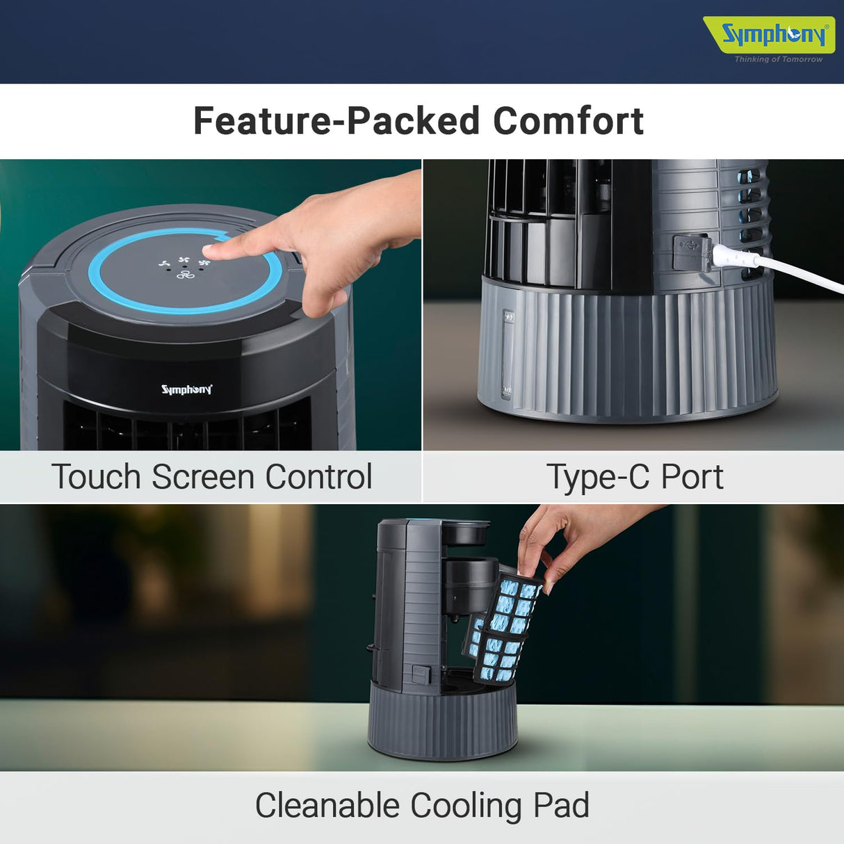 Symphony Duet Mini Portable Tabletop Air Cooler (Grey & Black)