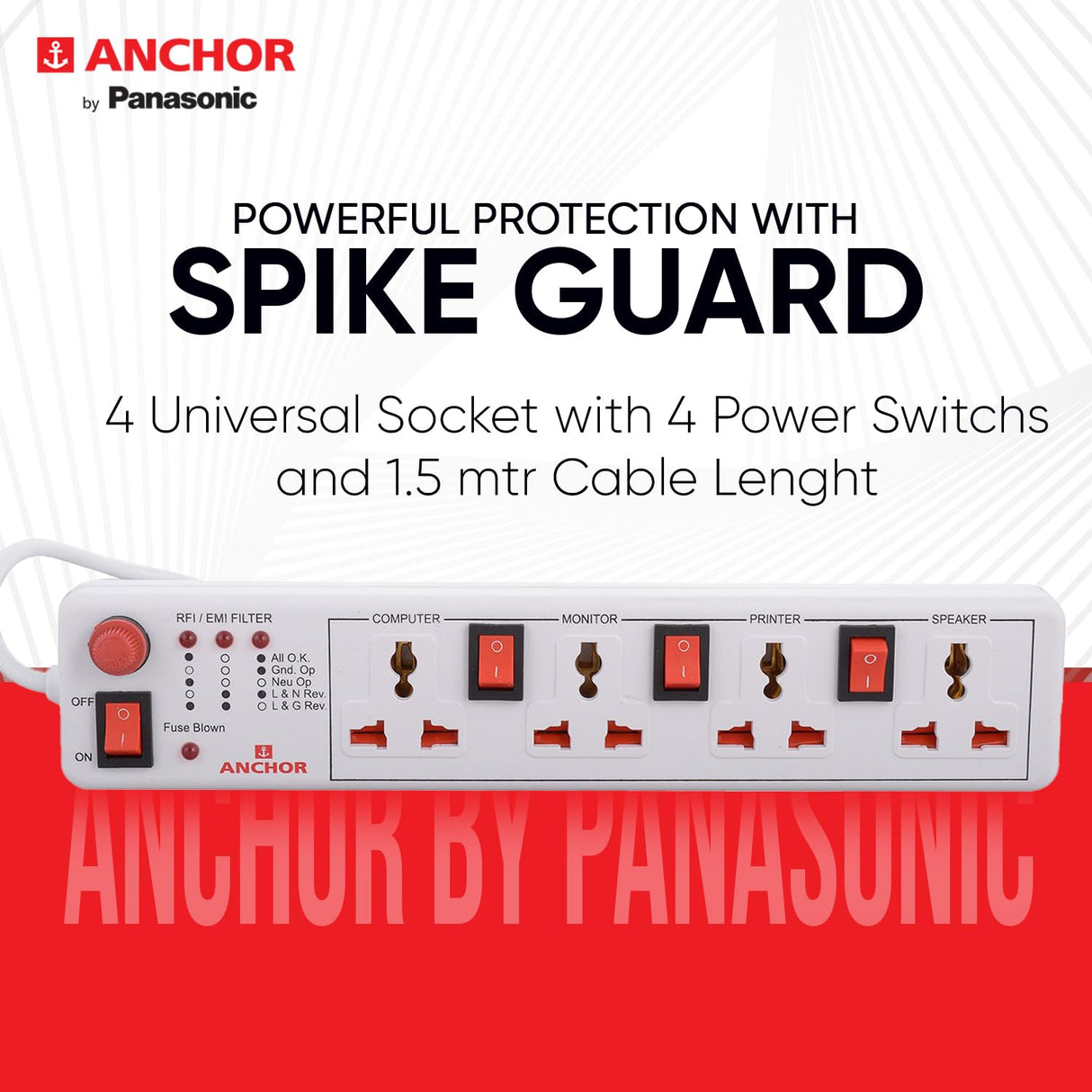Anchor 4 Way Spike Guard Power Strip with Individual Switch