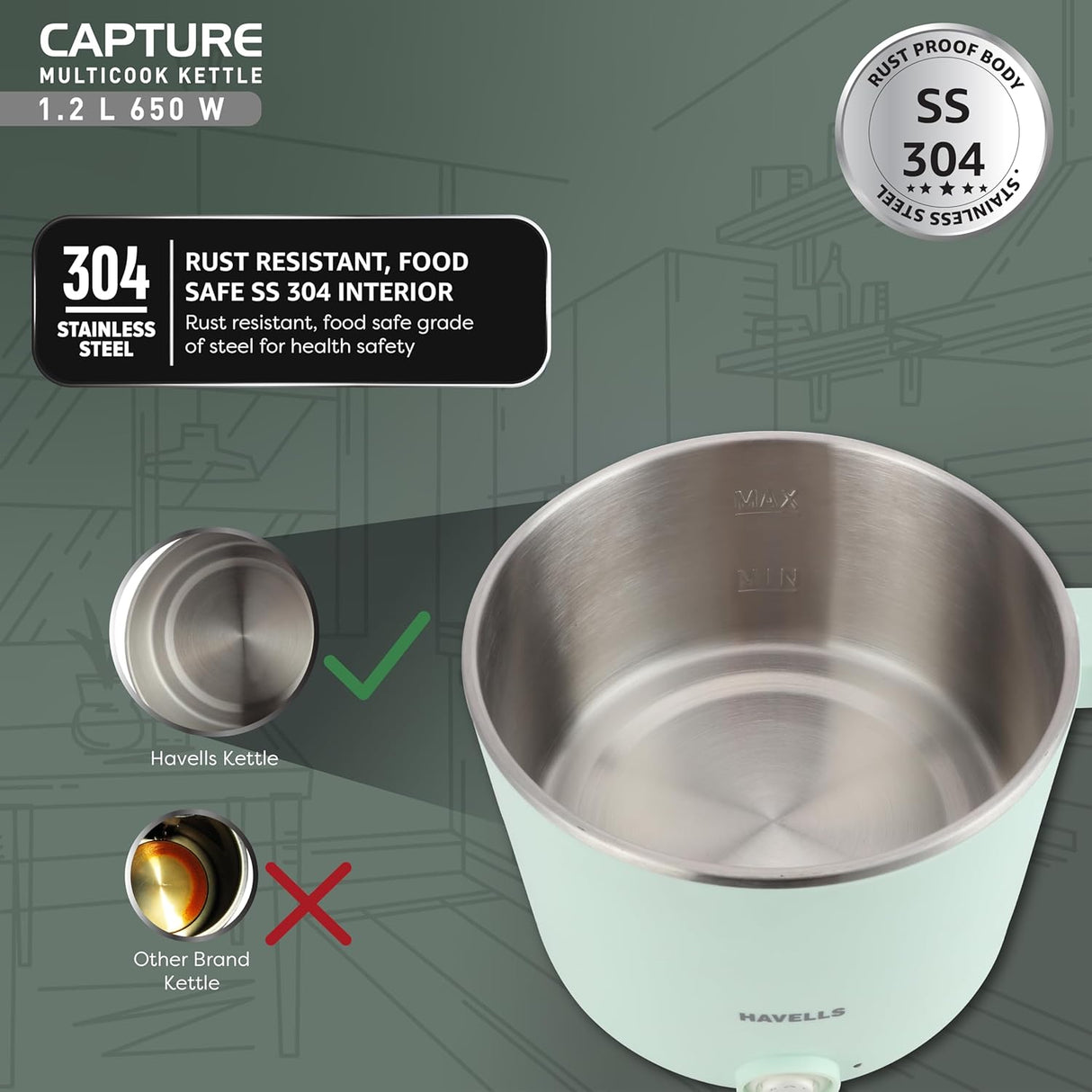 Havells Capture 1.2 L Multi-Cook Electric Kettle with Steamer 650W (Green)