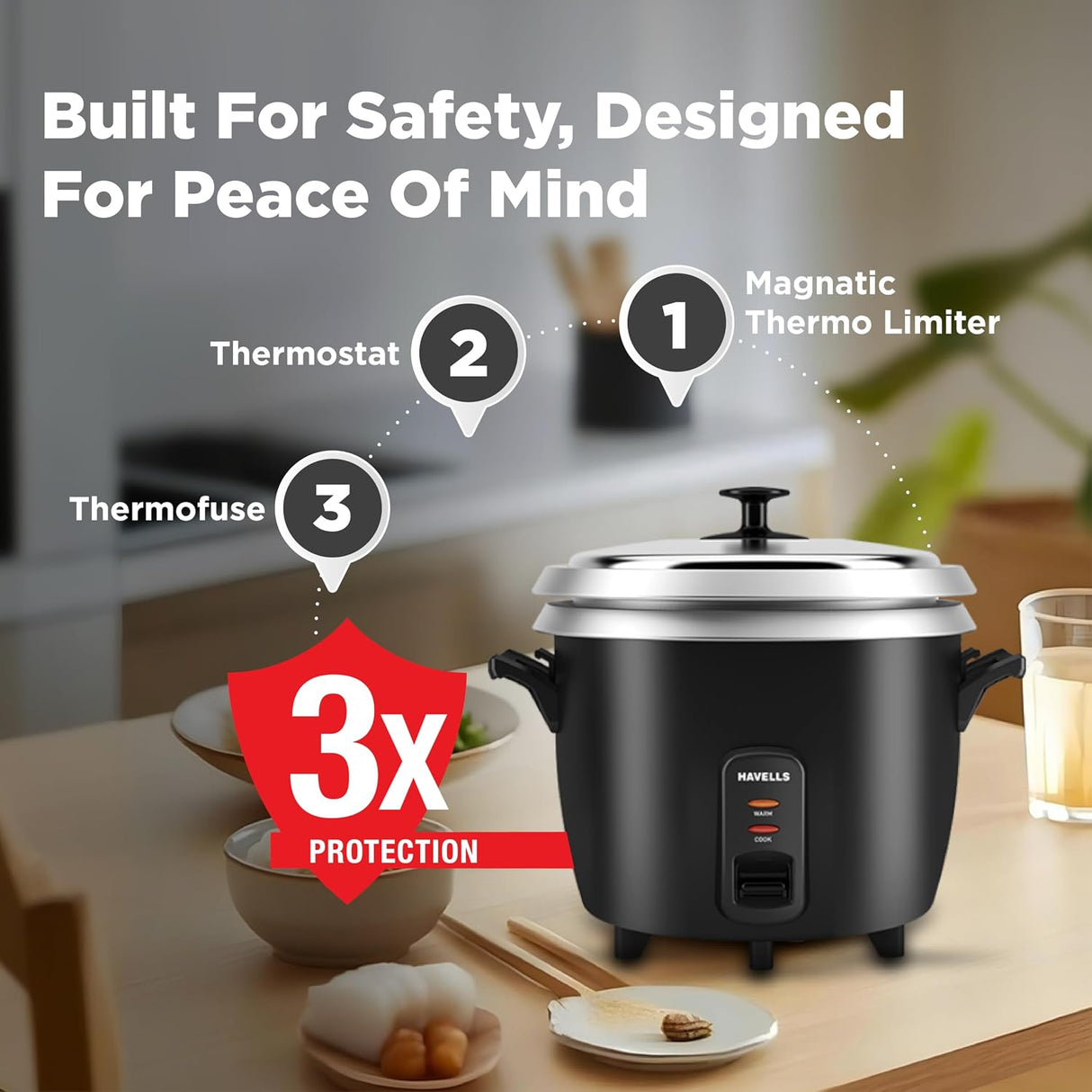 Havells Riso Plus 1.8 Litre 2 Bowl 700W Rice Cooker (Black)