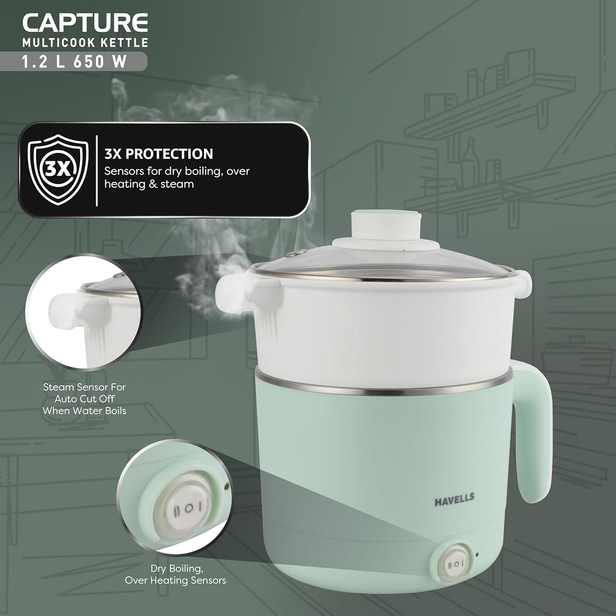 Havells Capture 1.2 L Multi-Cook Electric Kettle with Steamer 650W (Green)