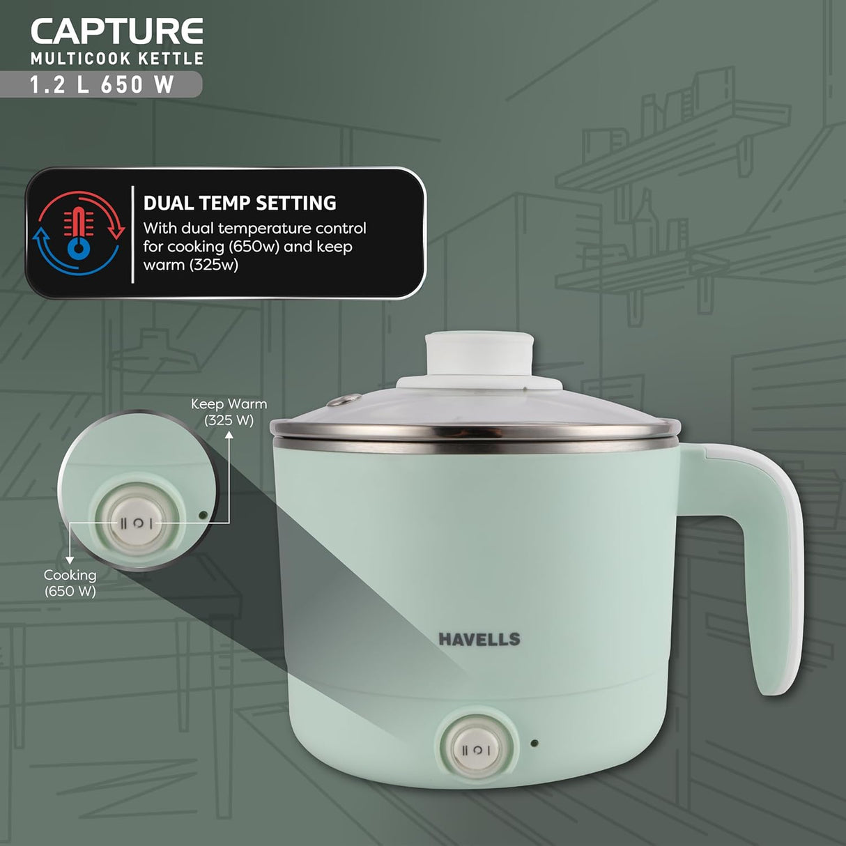 Havells Capture 1.2 L Multi-Cook Electric Kettle with Steamer 650W (Green)