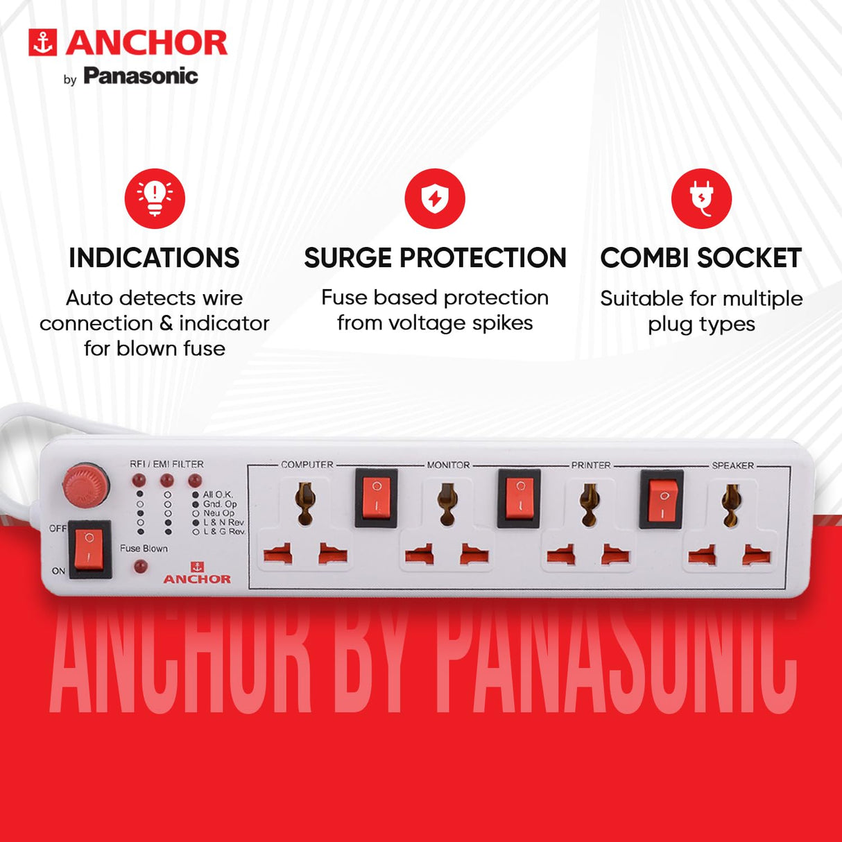 Anchor 4 Way Spike Guard Power Strip with Individual Switch