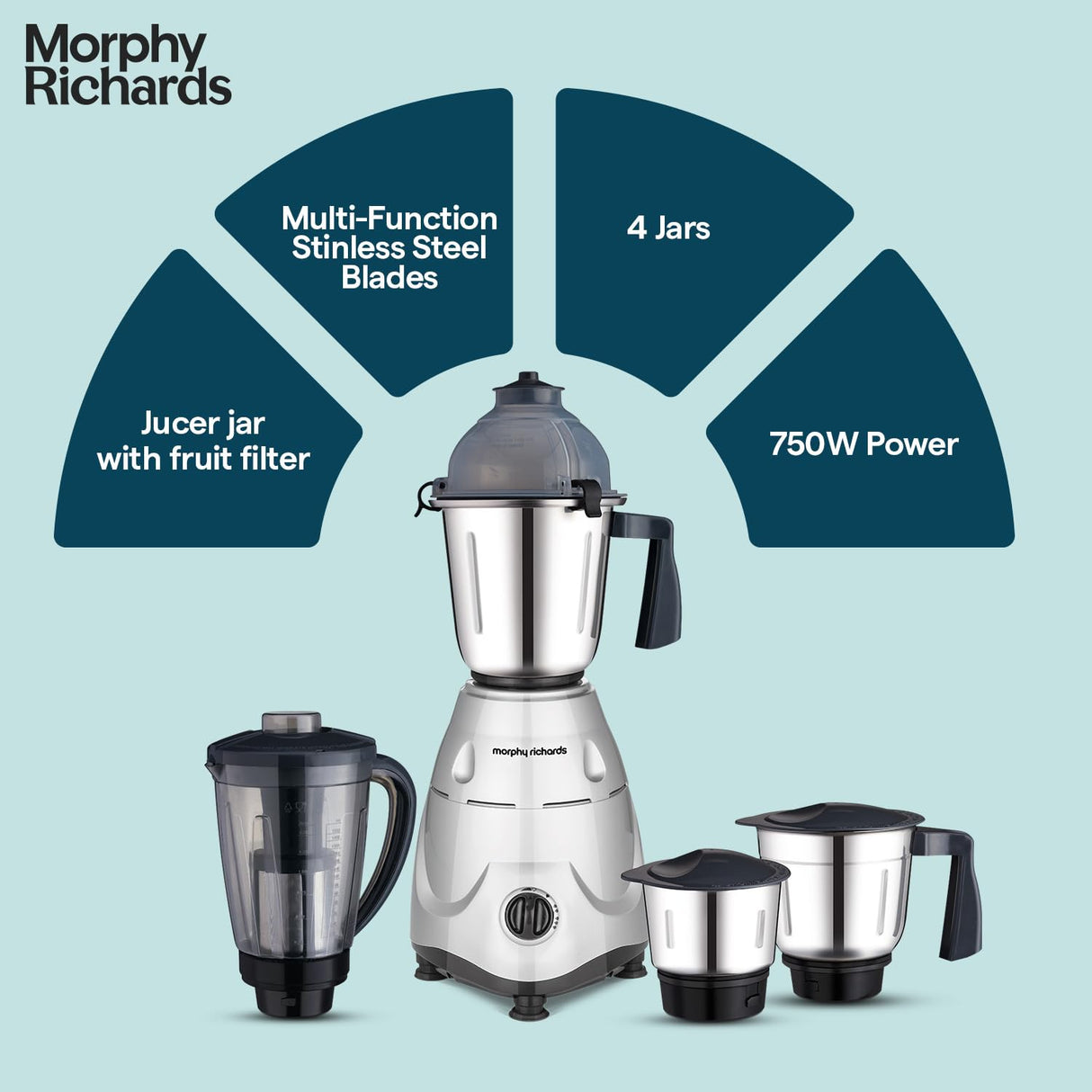 Morphy Richards Icon Superb 750 Watts Mixer Grinder| 4 Stainless Steel Jars (Silver & Black)