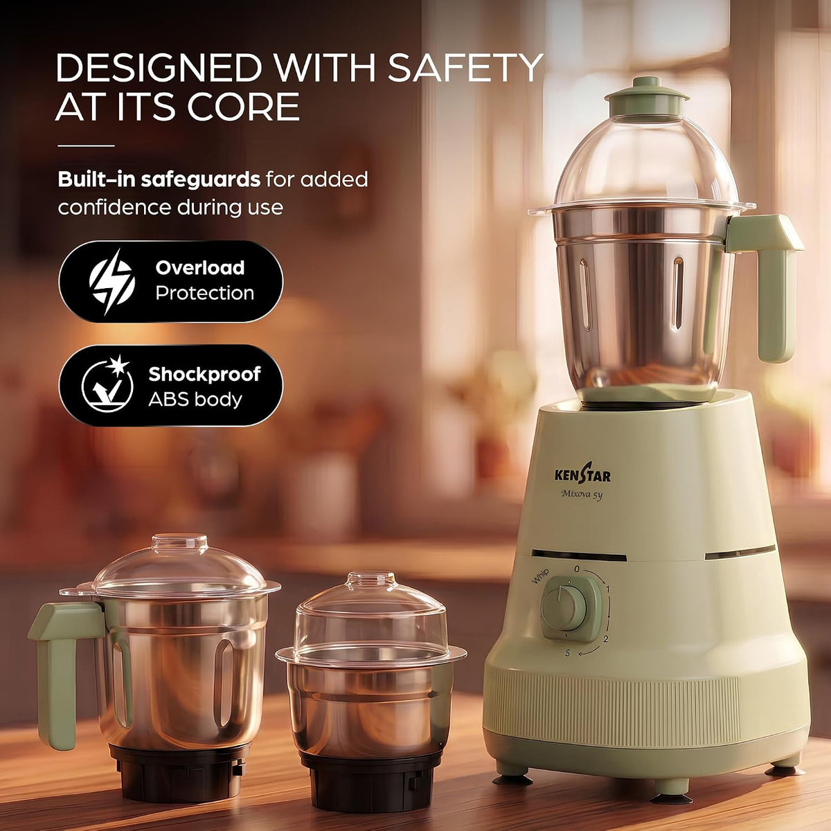 Kenstar Mixova 5Y 750W Mixer Grinder with 3 Jars (Forest Green)