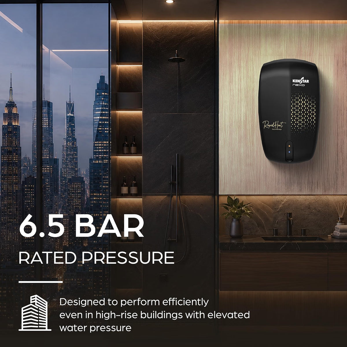 A wall-mounted black hand dryer by RUGRUN shown in a modern bathroom setting with a city skyline at dusk. Text overlays highlight '6.