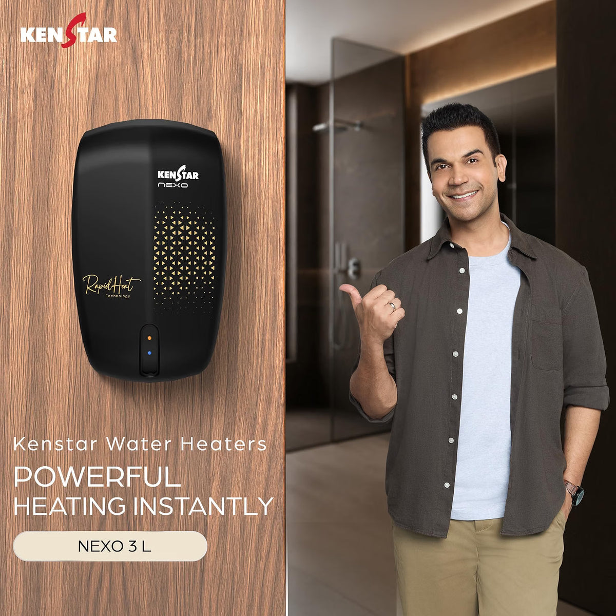 Kenstar Nexo 3L water heater shown on a wood-textured panel next to a smiling man in a modern hallway, with Kenstar branding and promotional text.