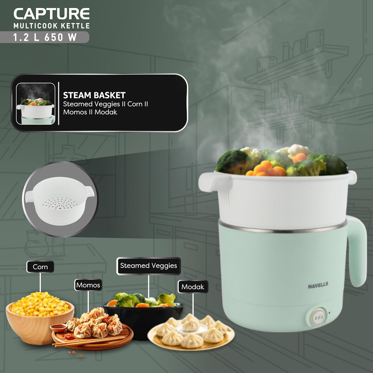 Havells Capture 1.2 L Multi-Cook Electric Kettle with Steamer 650W (Green)