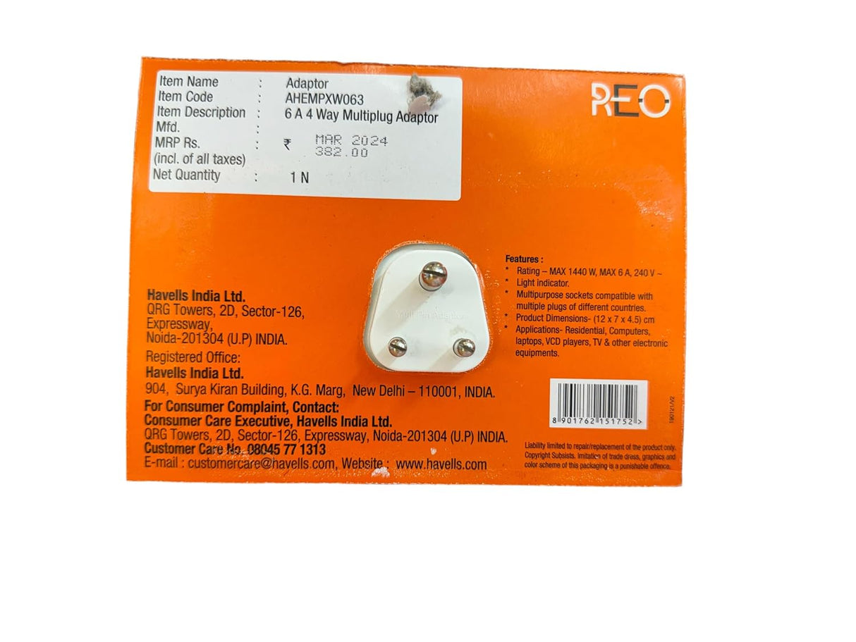 Havells Reo 6A 4-Way Universal Multi plug Adaptor - AHEMPXW063