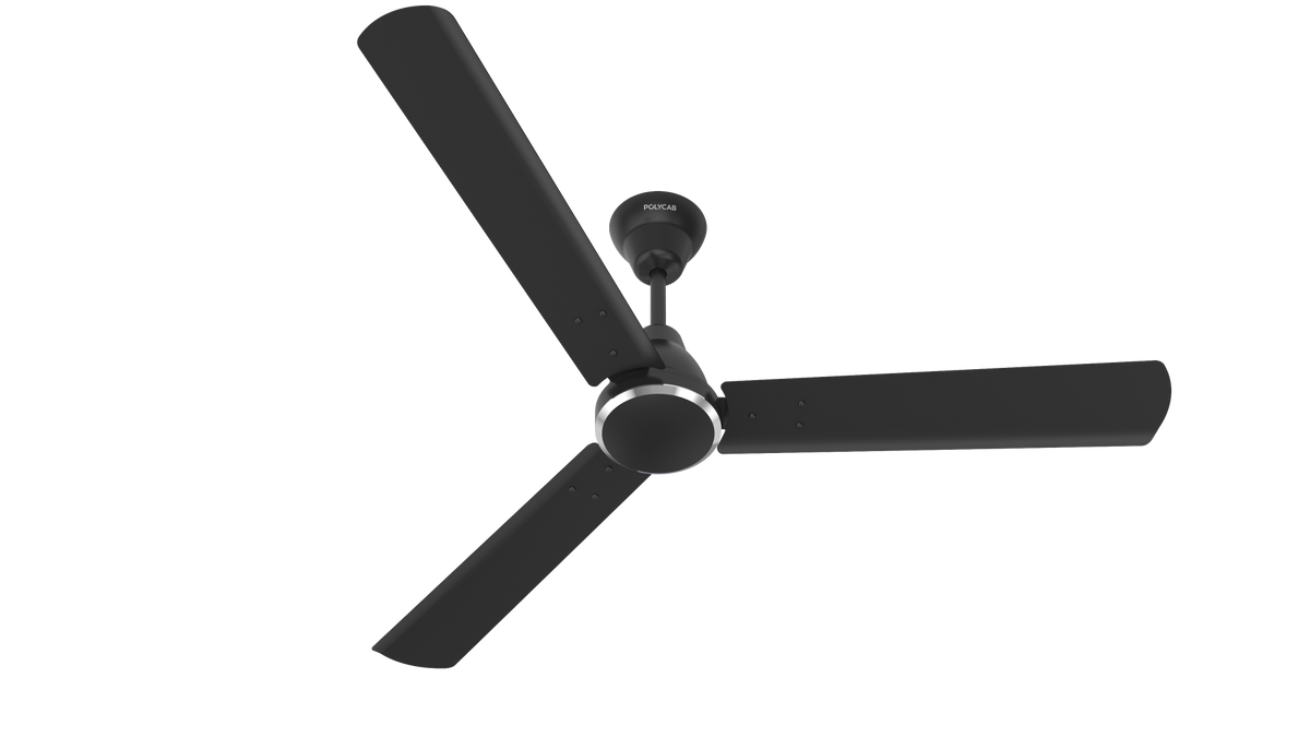 The Polycab Aero Rush BLDC Ceiling fan with remote control in classic black colour