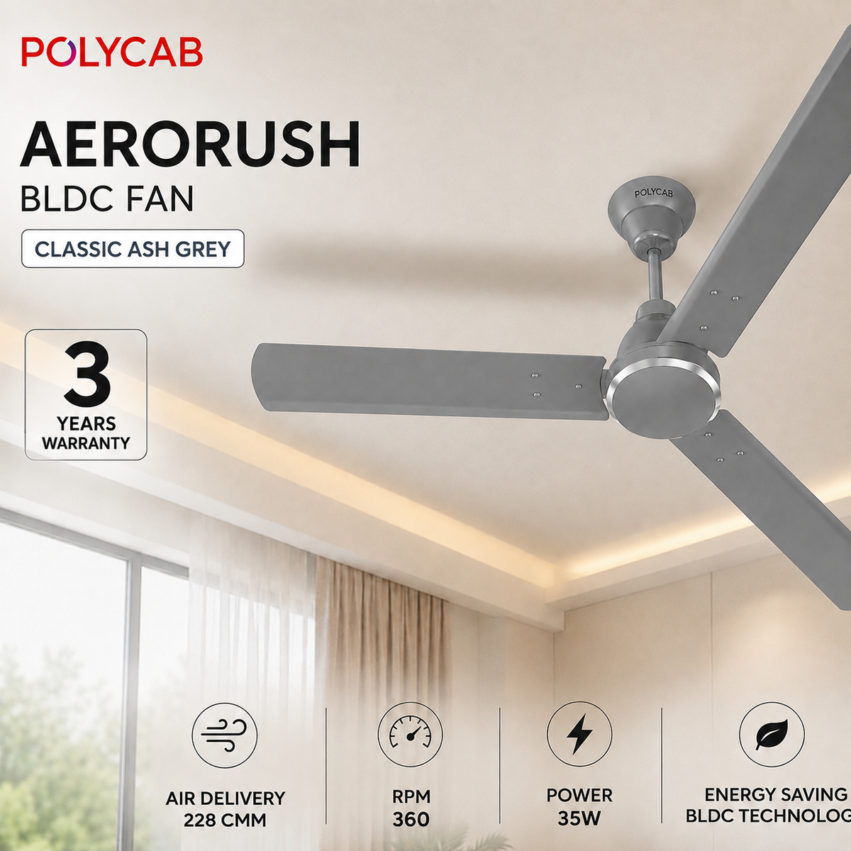 POLYCAB Aerorush BLDC fan in ash grey, shown installed on a ceiling in a modern room. The image includes product specifications, a 3-year warranty badge, and feature icons for air delivery, RPM, power, and energy saving.