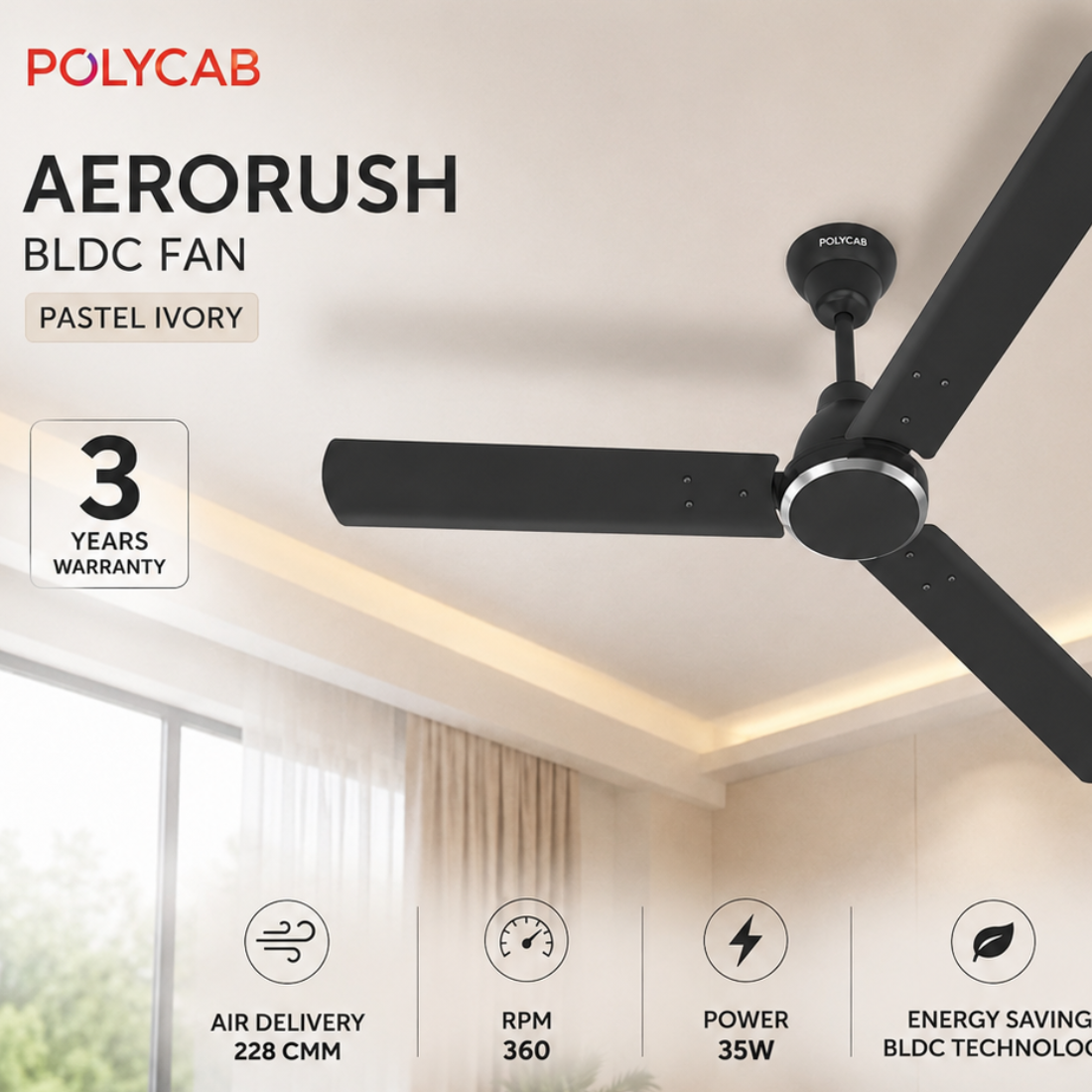 This ceiling fan has 3 years warranty with air delivery 228CMM, RPM 360, Power 35W and Energy saving bldc technology .