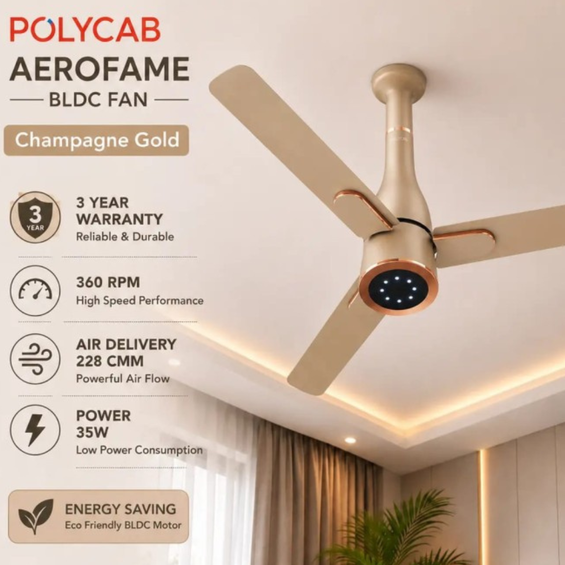 Polycab Aerofame BLDC fan in champagne gold, shown installed on a ceiling in a modern room. The image includes product specifications and features on the left side.