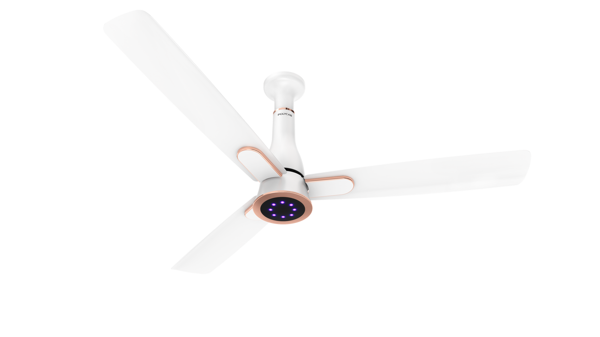 A modern white ceiling fan with three blades and a central smart light bar, shown against a plain white background.