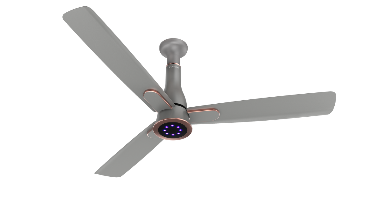 The Titanium Grey BLDC Ceiling fan with underlight LED Lights in the black background