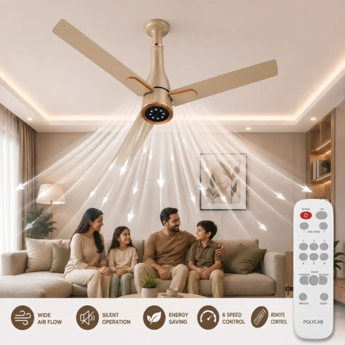 A beige ceiling fan with a smart control hub and remote control, shown installed in a modern living room with a family sitting on a sofa below. White graphic lines illustrate airflow patterns, and a bottom banner lists features like wide air flow, silent operation, and energy saving.