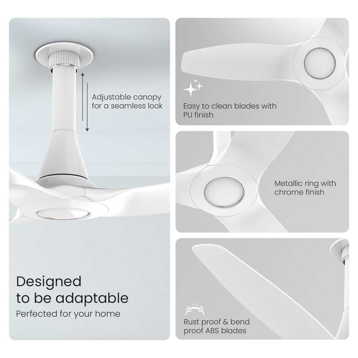 Ceiling fan with features highlighted on a white background