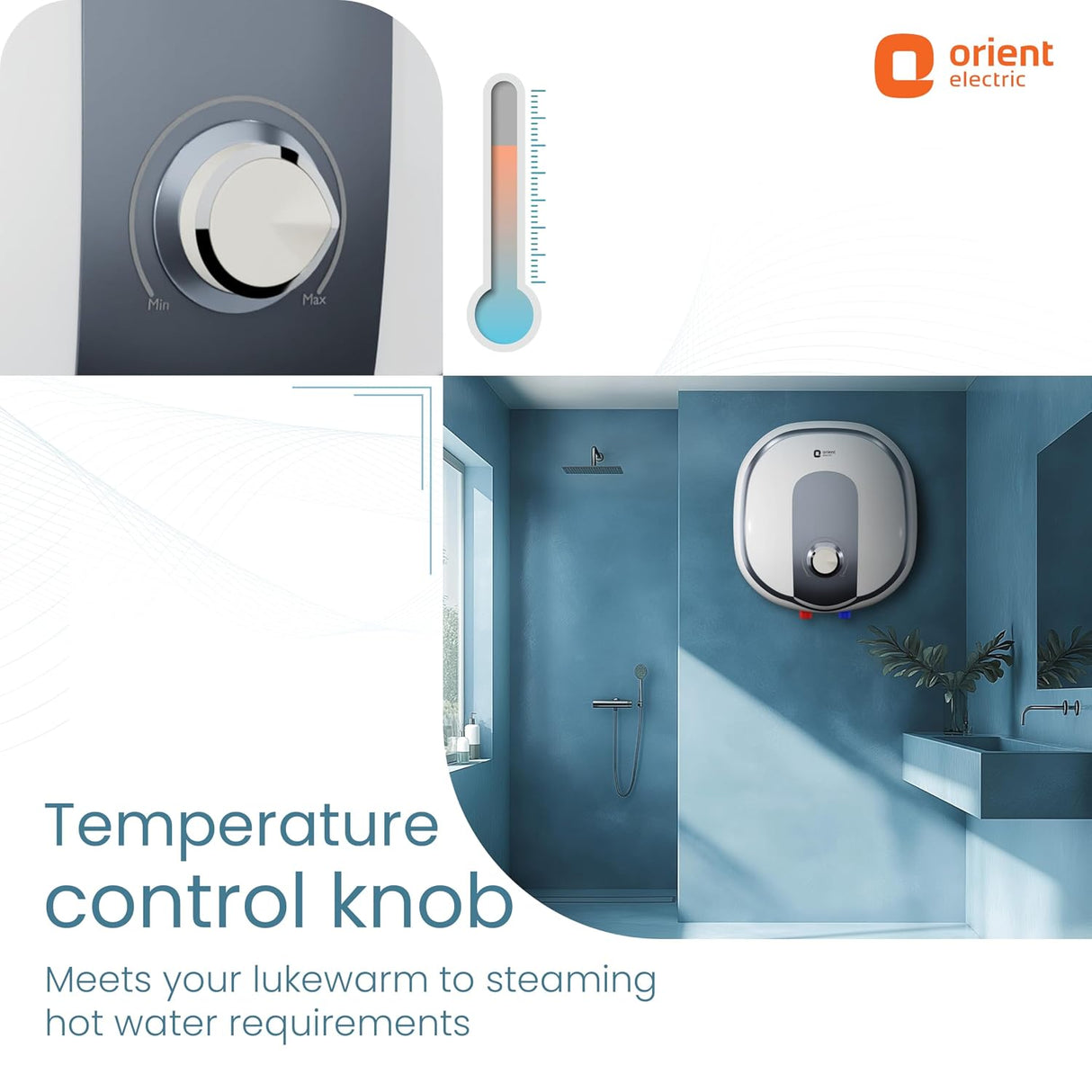 Orient Electric water heater with temperature control knob and bathroom setting