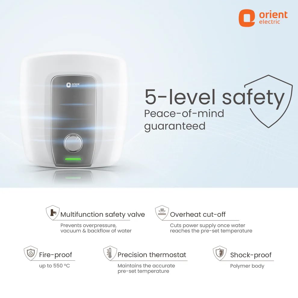 Orient Electric water heater with safety features on a white background