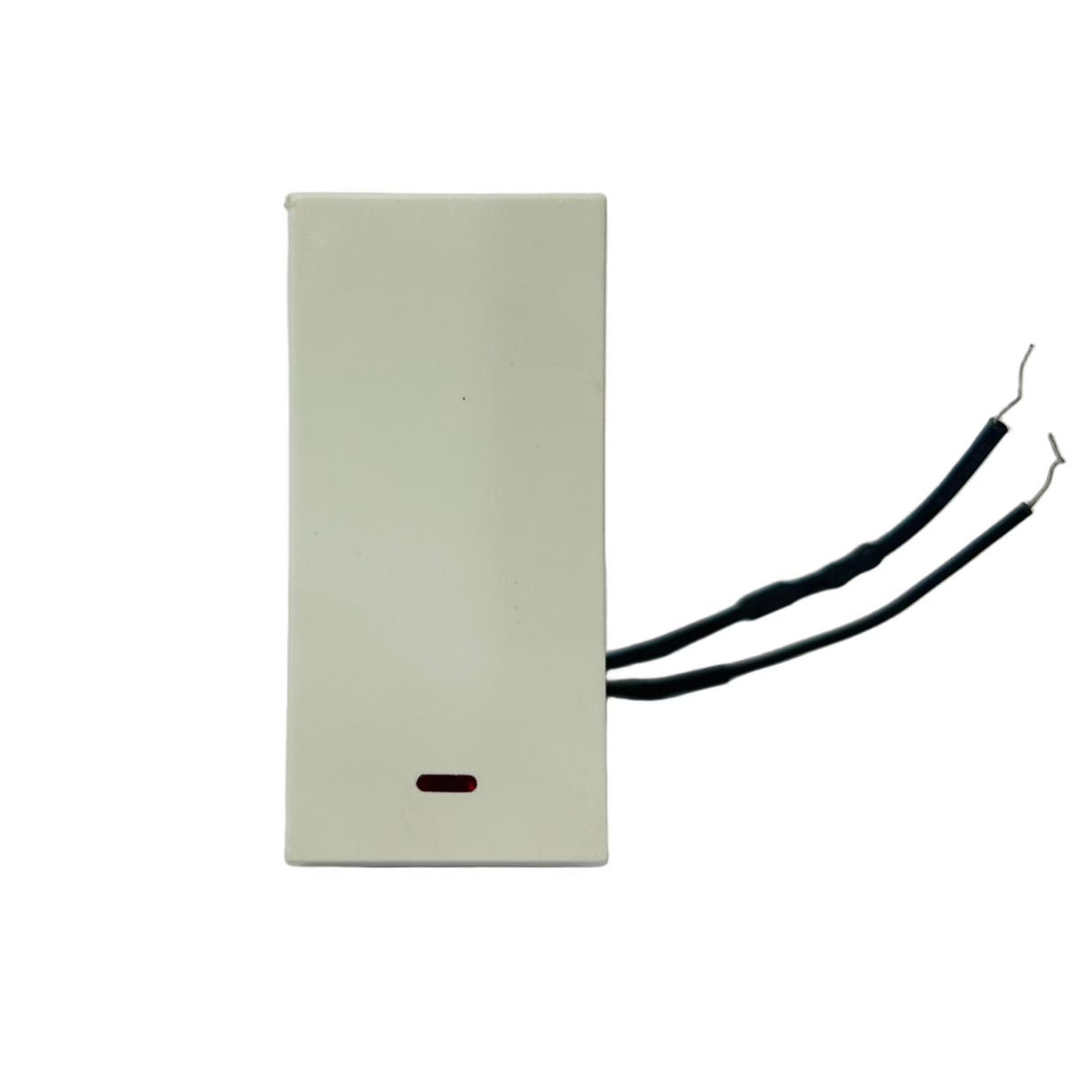 Rectangular white switch with an indicator button on a reflective surface