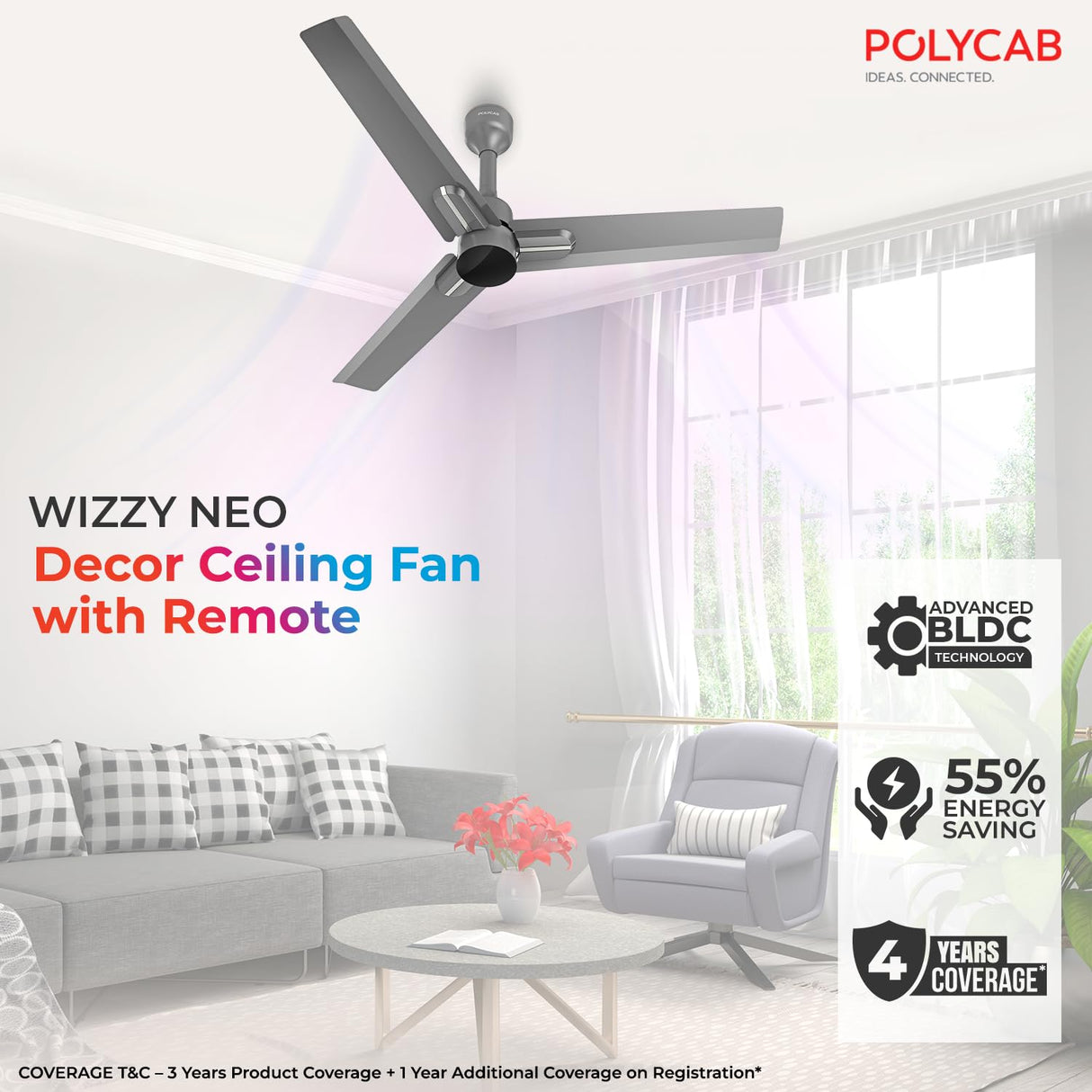 POLYCAB Wizzy Neo 1200mm BLDC Remote Ceiling fan (Ash Grey Chrome)